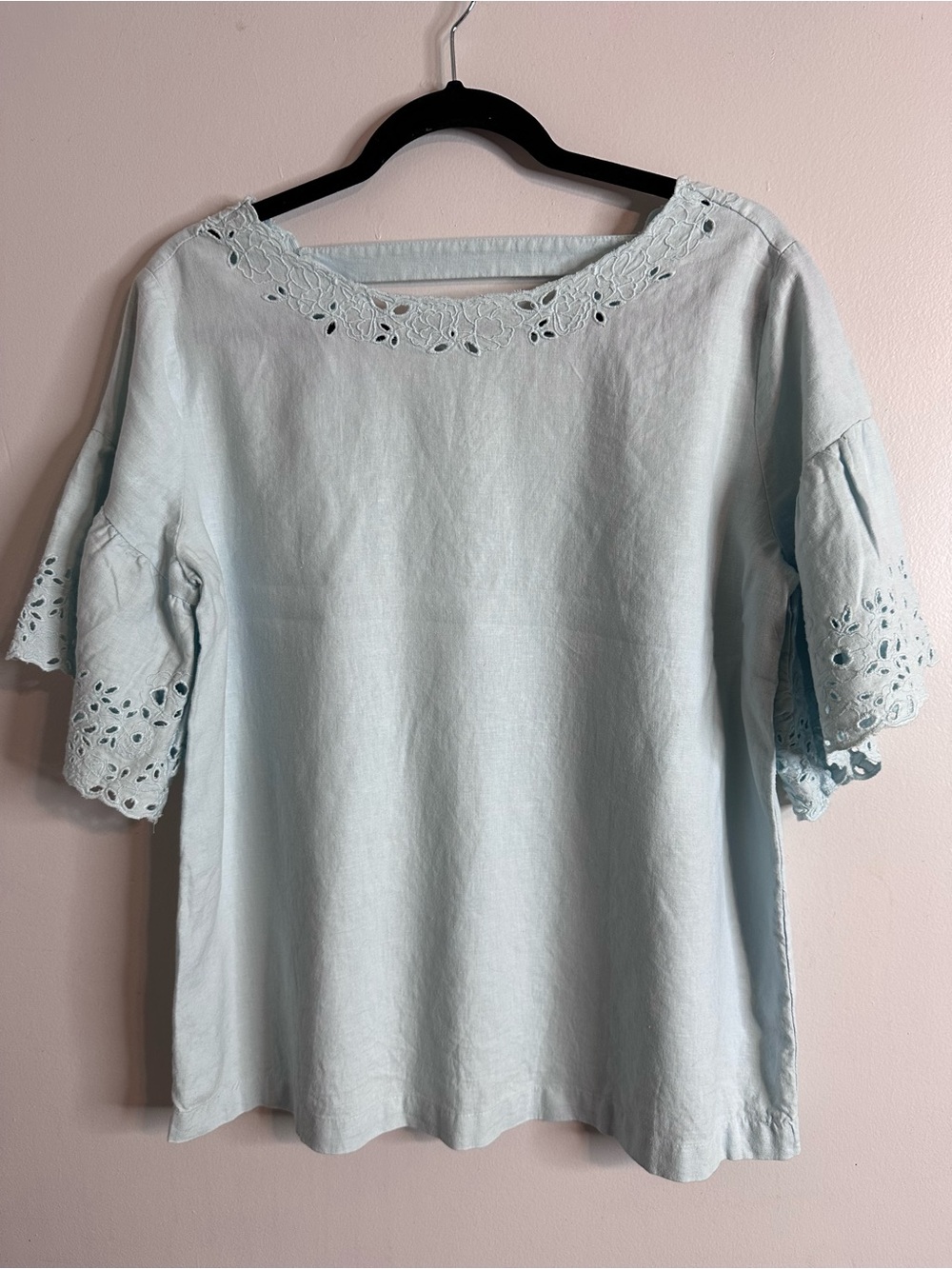 LOFT Light Blue Eyelet Trim Linen-Blend Blouse